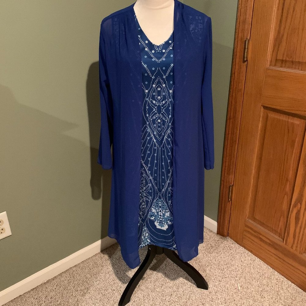 BLUE & WHITE SLEEVELESS DRESS WITH SHEER LONG SLEEVE COVER UP SIZE M #298